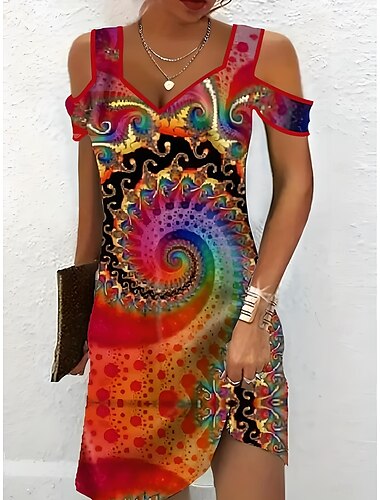  Damen Midikleid Sweatkleid Sommerkleid Midi-Kleid Böhmen Sexy Boho Urlaub Party Festtage Regular Fit Farbverläufe Marmordruck Kurzarm Schatz Ausschnitt Rote Sommer Frühling
