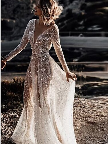  Hochzeitskleider Ballkleid V Ausschnitt Langarm Kirchen Schleppe Satin Brautkleider Mit Plissee Gerafft 2025