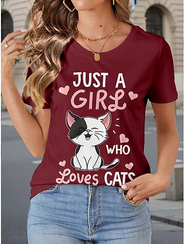  女性用 Tシャツ 動物 猫 レタード カジュアル 半袖 ラウンドネック レギュラートップス 日常 プリント ブラック ワイン グレー 夏