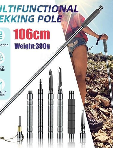  1 juego de bastones de senderismo multifuncionales: bastón de trekking plegable con cuchillo oculto &Brújula - Bastón de autodefensa para acampar & senderismo