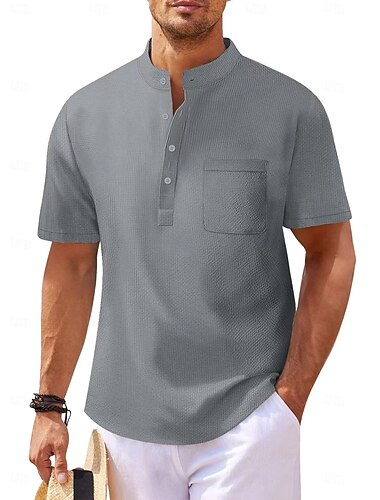  Herren Hemd Popover-Hemd Sommerhemd Freizeithemd Strandhemd Schwarz Weiß Himmelblau Grün Kaki Kurzarm Klassisch Einfarbig Stehkragen Henley Urlaub Ferien Schnalle Bekleidung Polyester Mode Lässig