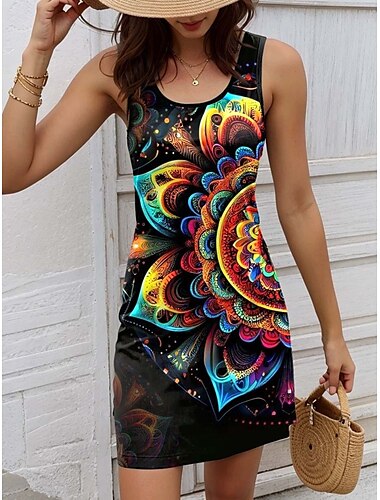  Damen Minikleid A Linie Kleid Sommerkleid Schulterfreies Kleid Urlaub Brautkleider schlicht Täglich Lockere Passform Blumen Graphic Vintage Ärmellos U-Ausschnitt Schwarz Sommer