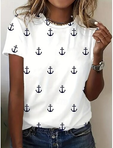  Valentinstag Damen T Shirt Blumen Lässig Kurzarm Rundhals Normale Oberteile Täglich Druck Weiß Wein Marineblau Blau Staubiges Blau Sommer