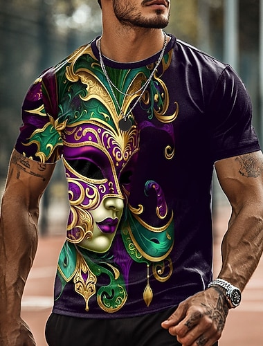  Carnaval Homens Máscara Camiseta Manga Curta Camiseta Impressão 3D Gola Redonda Camisa Designer Casual Bandagem Festa Feriado Roxo Verão Primavera Roupa S M L XL XXL XXXL