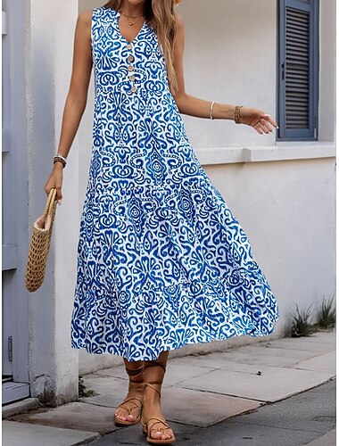  Naisten Maksimekko Rento mekko Boho Chic Mekot Toppimekko Boho-mekko Böömi söpö tyyli Tyylikäs Loma Päivittäin Hiekkaranta Loose Fit Kukka Hihaton Lovitettu kaula Keltainen Sininen Fuksia Oranssi