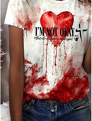  Damen T Shirt Herz Graphic Vintage Modisch Stilvoll Kurzarm Rundhalsausschnitt Normale Oberteile Täglich Ausgehen Wochenende Bedruckt Weiß Sommer