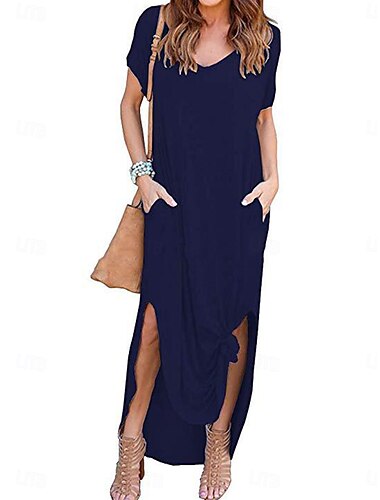  Damen Maxikleid T-Shirt Kleid Tee Kleid Shift Kleid Sportkleid Basis Einfarbig Freizeit Urlaub täglich reguläre Passform Unifarben ärmellos V-Ausschnitt Wein Navy Blau Dunkelblau Grau Sommer