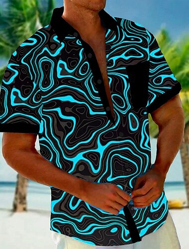  Men's Geometric Lines / Waves Shirt Button Up Shirt Short Sleeve Fashion Casual Vacation Holiday Beach Wear Summer Fall Turndown 3D Print Collared Shirts Front One Pocket Red Blue Sky Blue