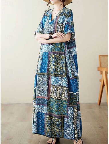  בגדי ריקוד נשים שמלת מקסי תערובת כותנה שמלת כפתן שמלת קז'ואל אלגנטית בסיסי יום יומי יומי חופשה מונח בצורה רפויה גראפי שרוולים קצרים צווארון V פול קיץ אביב