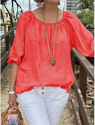  Damen Hemd Bluse Feste Farbe Basic Brautkleider schlicht 3/4 Ärmel Rundhalsausschnitt Normale Oberteile Täglich Weiß Gelb Rosa Rote Grün Sommer