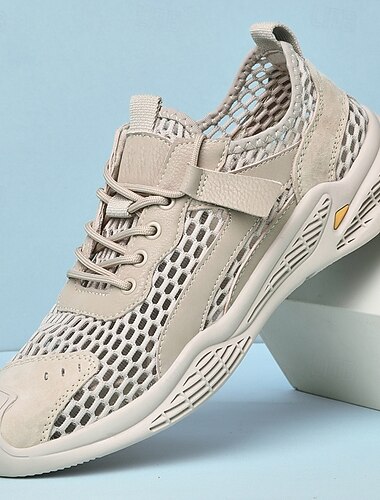  tênis masculino de malha bege com cadarço e tira de velcro, calçados esportivos casuais respiráveis para o verão