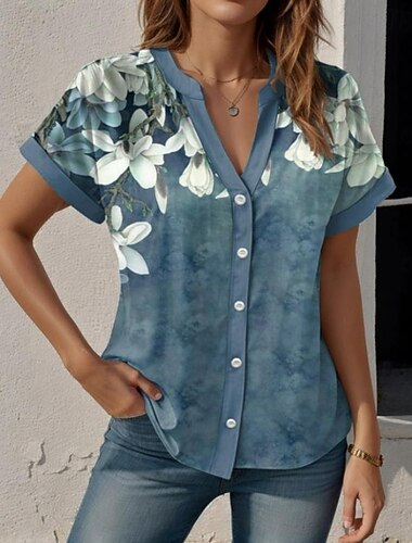  Frauen Hemd Floral Grafik Stilvoll Strand Kurzarm Hemd Kragen Regular Tops Alltag Knopf Druck Blau Sommer Frühling