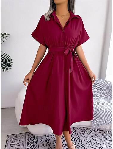  Damen Midi Kleid Wickelkleid A-Linie Kleid Geburtstag Freizeit Urlaub Party Geburtstag reguläre Passform Grafik Kurzarm Hemdkragen Wein Armee Grün Hellblau Sommer