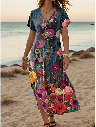  Per donna Abito maxi Vestito Casual Abito a trapezio Elegante Casual Vacanza Quotidiano Vestibilità regolare Floreale Manica Corta Scollo a V Nero Primavera Autunno