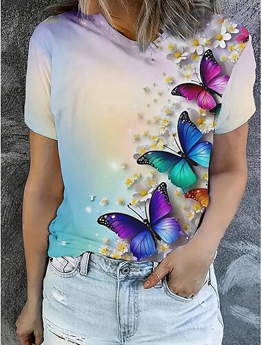  Mulheres Camiseta Tops de verão Gráfico Borboleta Clássico Casual Manga Curta Gola Redonda Tops curtos Diário Final de semana Imprimir Arco-íris Verão Primavera Outono