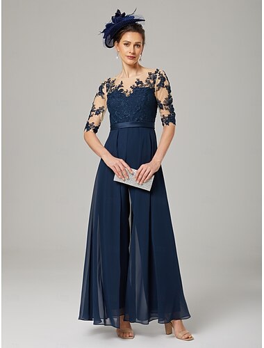  Jumpsuit  Hosenanzug Mutter der Braut Feine Hochzeitsgast Eleganter Party Rundhalsausschnitt Knöchellang Chiffon Spitze 3/4-lange Ärmel mit Applikationen 2025