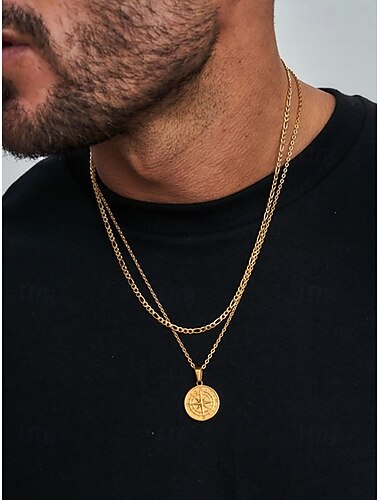  Collar con colgante de brújula vintage para hombre: cadena de doble capa de aleación de metal, amuleto vikingo nórdico, joyería náutica para viajes y aventuras