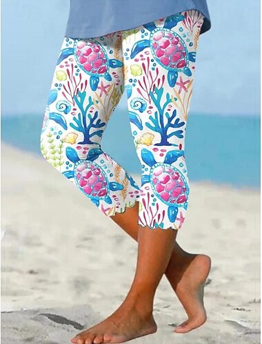  Leggings pour femmes Capri Pantalons Haute Élastique Mode Longueur Cheville Taille Moyenne Imprimé Océan Décontracté Quotidien Bleu Oeuf de Merle Été Regular Fit