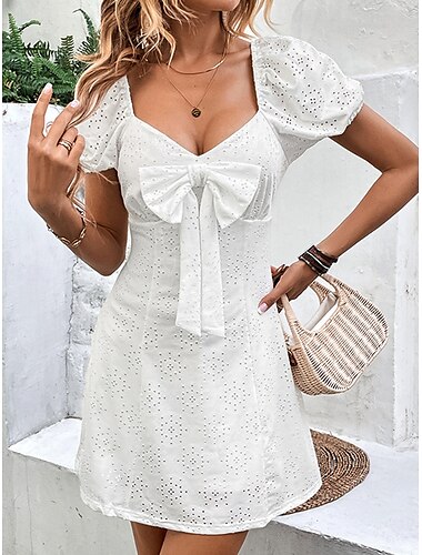  Robe Mini Femme Robe Corset Robe A Ligne Robe de Laitière Robe à Manches Bouffantes Robe Basique Décontractée Vacances Quotidienne Ajustement Régulier Graphique Manches Courtes Col Carré Blanc Été