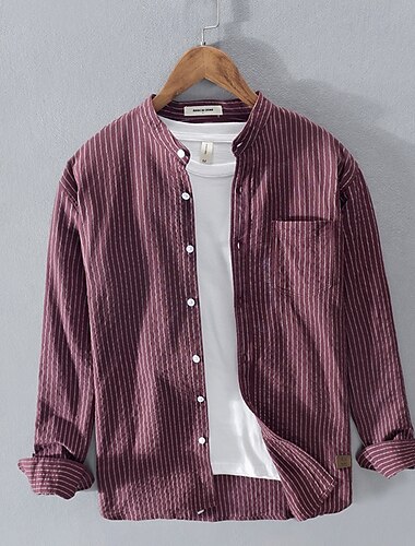  Men's Shirt Linen Shirt Casual Shirt Button Up Shirt Cotton Shirt Stripes Vacation Hawaiian White Wine Royal Blue Long Sleeve Grandad Collar Spring Fall Clothing Apparel Button-Down