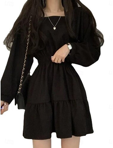  Damen Minikleid A Linie Kleid Milchmädchen-Kleid Schulterfreies Kleid Kleid mit Puffärmeln Urlaub Urlaub Täglich Regular Fit Glatt Langarm Quadratischer Ausschnitt Schwarz Wein Aprikose Sommer