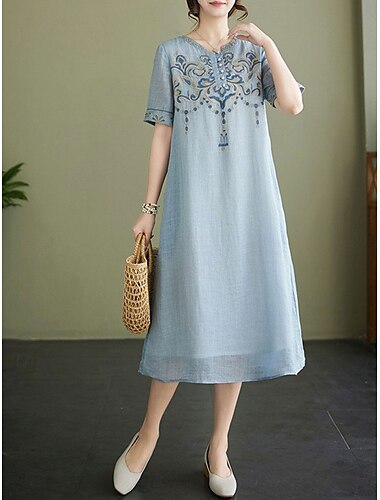  Damen Midikleid Baumwoll-Leinen-Kleider Freizeitkleid Basic Lässig Urlaub Lässig Täglich Normale Passform Grafik Kurzarm Rundhalsausschnitt Rosa Blau Sommer Frühling