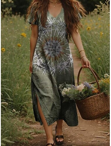  Damen Maxikleid Freizeitkleid A Linie Kleid Bohemien Urlaub Vintage Urlaub Täglich Normale Passform Blumen Kurzarm V Ausschnitt Gelb Hellgrün Orange Grün Sommer Frühling