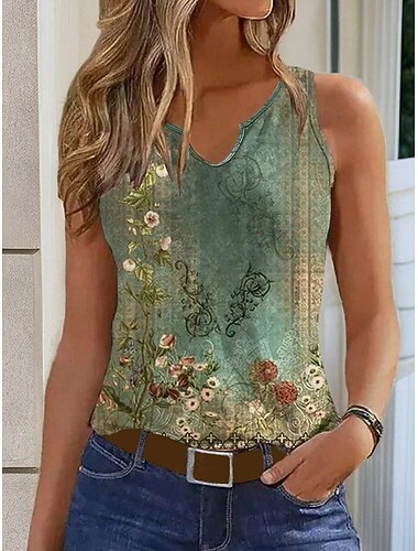  Dámský top bez rukávů s ramínky květinový etnický casual výstřih do U každodenní potisk zelený letní