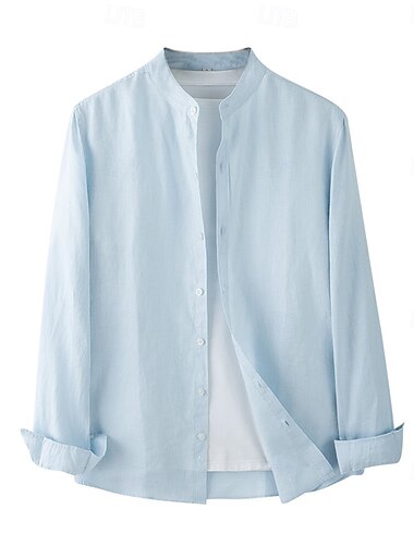  Voor heren Overhemd Linnen overhemd Wit Lichtgrijs Licht Blauw Lange mouw Effen Kleur Opstaande boord School Formeel Knop Kleding Elegant Vakantie Vintage Neutrale