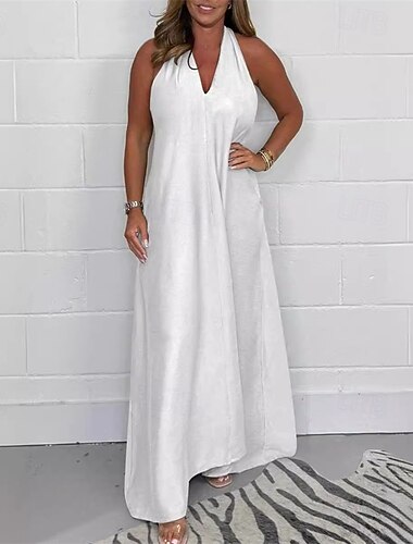  Damen Langes Kleid Maxikleid Weißes Kleid Freizeitkleid Maxikleid Stilvoll Casual Urlaub Täglich Date Normale Passform Einfarbig Ärmellos V-Ausschnitt Schwarz Weiß Wein Sommer Frühling