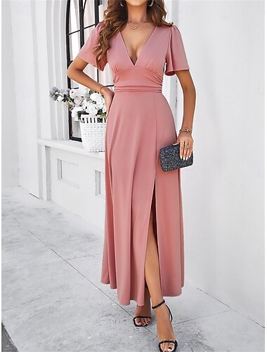  Damen Maxi Kleid Korsett Kleid A-Linie Kleid Unifarben Arbeitskleider Party Semi-formell Formelle Party Arbeit Reguläre Passform Grafik Kurzarm V-Ausschnitt Schwarz Rosa Wein Armygrün Sommer