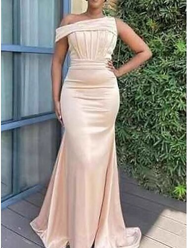  A-Line Bridesmaid Dress One Shoulder Sleeveless Elegant Floor Length Chiffon with Split Front