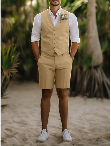  Herren Hochzeits Leinenanzüge Weste Shorts Trauzeugenanzüge Beige Mode Lässig Sommer Einfarbig Standard Passform 2-teilig