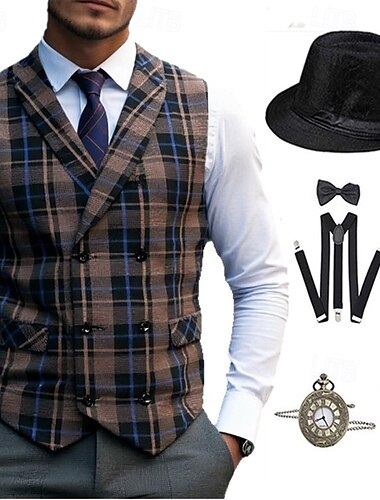  1920er Vintage inspiriert Der große Gatsby Partykostüm Zubehörset Ärmellos Doppelreihiger Verschluss Karomuster Umlegekragen Herren Halloween Party & Abend Alltagstauglich Erwachsene Weste Hut