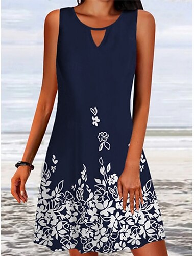  Damen Minikleid A Linie Kleid skims dress Schulterfreies Kleid Stilvoll Brautkleider schlicht Urlaub Täglich Regular Fit Blumen Ärmellos Rundhalsausschnitt Schwarz Weiß Wein Blau Sommer