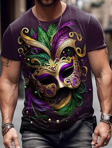  Carnaval Homens Máscara Camiseta Manga Curta Camiseta Impressão 3D Gola Redonda Camisa Designer Casual Festa Feriado Bandagem Roxo Verão Primavera Roupa S M L XL XXL XXXL