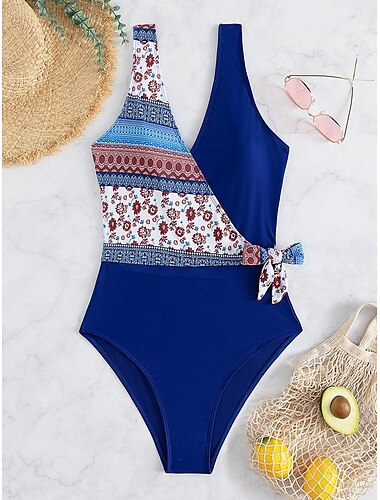  Damen Badeanzug Ein Stück Monokini Bademode Rückenfrei Bauchkontrolle Hohe Taillenlinie Schlank Urlaub Strandbekleidung Blumen V Ausschnitt Ärmellos Badeanzüge