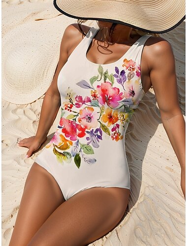  Damen Badeanzüge Einteiler Monokini Badeanzug Rückenausschnitt Bauchkontrolle Hoher Bund Schlanker Urlaub Strandbekleidung Florales Grafik U-Ausschnitt Ärmellos Badeanzüge