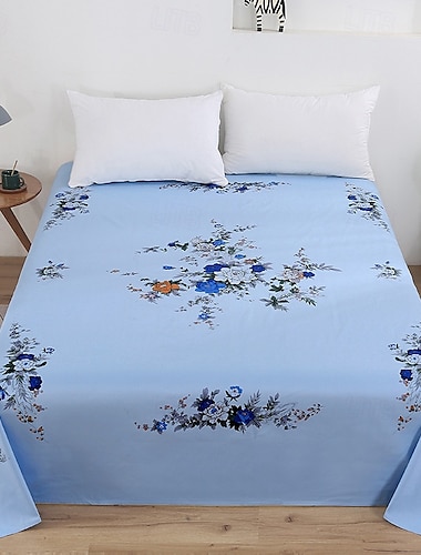  Blue Colorful Floral Flower Printed Cotton Flat Sheet Bed Sheet for Spring Summer