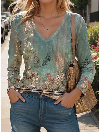  Damen T Shirt Modisch Modern Brautkleider schlicht Langarm Rundhalsausschnitt Normale Oberteile Täglich Wochenende Bedruckt Weiß Königsblau Blau Grün Khaki Herbst Winter
