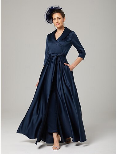  Jumpsuit  Hosenanzug Mutter der Braut Elegante Party einfacher Hemdkragen Knöchellang Satin 3/4-lange Ärmel mit Schleife(n) 2025