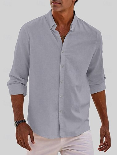  Herren Klassisch Strand-T-Shirt Lässiges Hemd Weite Passform Langarm Kargen Feste Farbe Bettwäsche aus Baumwolle Weiß Beige Grau 2025