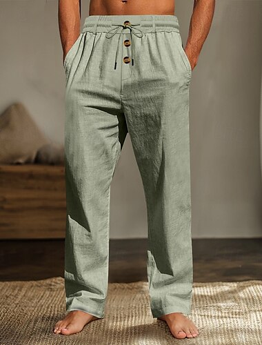  Herren Leinenhose Hose Hosen Sommerhosen Strandhose Kordelzug Elastische Taille Gerade geschnitten Glatt Komfort Atmungsaktiv In voller Länge Heim Casual Täglich Modisch Klassicher Stil Schwarz Weiß