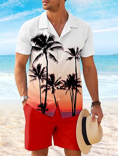  Herren Kokospalme 2St Hemden-Sets Hemd Kurzarm Kurze Hosen Kubanisches Halsband Urlaub Alltagstauglich Party Lässig Täglich 3D-Druck Sommer Rubinrot Gelb Orange