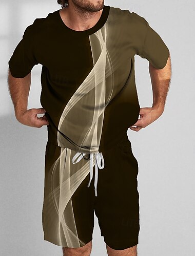  Herren Geometrisch Linie 2St T-Shirts-Sets Sommeroberteile Kurzarm Kurze Hosen Rundhalsausschnitt Sport Lässig Outdoor Sport Täglich 3D-Druck Sommer Rubinrot Braun aschgrau