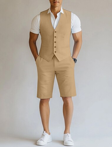  Hochzeitsweste Leinenanzüge für Herren Weste Shorts Set Sommerhochzeit Marineblau Himmelblau Einfarbig Maßgeschneiderte Passform 2-teilig