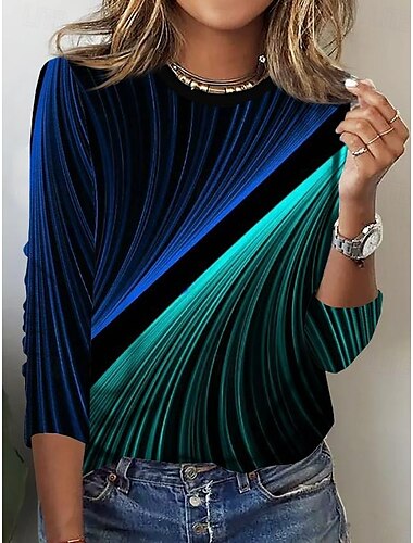  Dames Tuniek T-shirt Ombre Mode Casual Lange Mouwen Ronde Hals Lange Tops Dagelijks Print Zwart Blauw Donkergroen Lente Herfst Winter Zomer