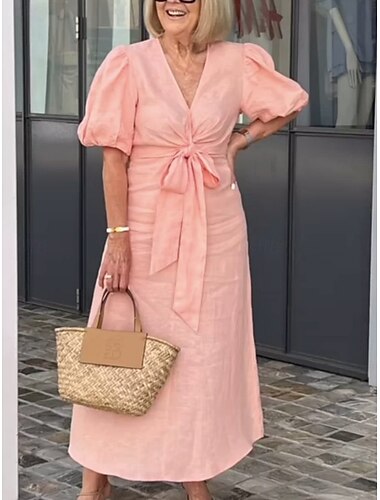  Robe Maxi Femme Robe En A Ligne Robe Couleur Unie Robe D'Été Robe À Manches Bouffantes Robe Basique Décontractée Vacances Quotidienne Coupe Régulière Graphique Manches Courtes Col en V Noir Blanc