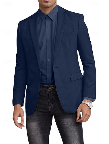  Hombre Chaqueta americana Chaqueta de lino Moda Casual Color sólido Blazer Negro Azul cielo Azul Oscuro Estándar Recto 1 botón