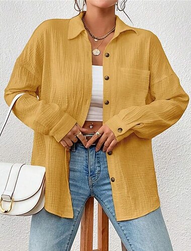  Per donna Camicia Camicie ispirate al lino Abbottonare Semplice Quotidiano Elegante Essenziale Manica Lunga Manica a pipistrello Colletto a Camicia Top Regolari Lavoro Quotidiano Ferie Bottoni Tasca